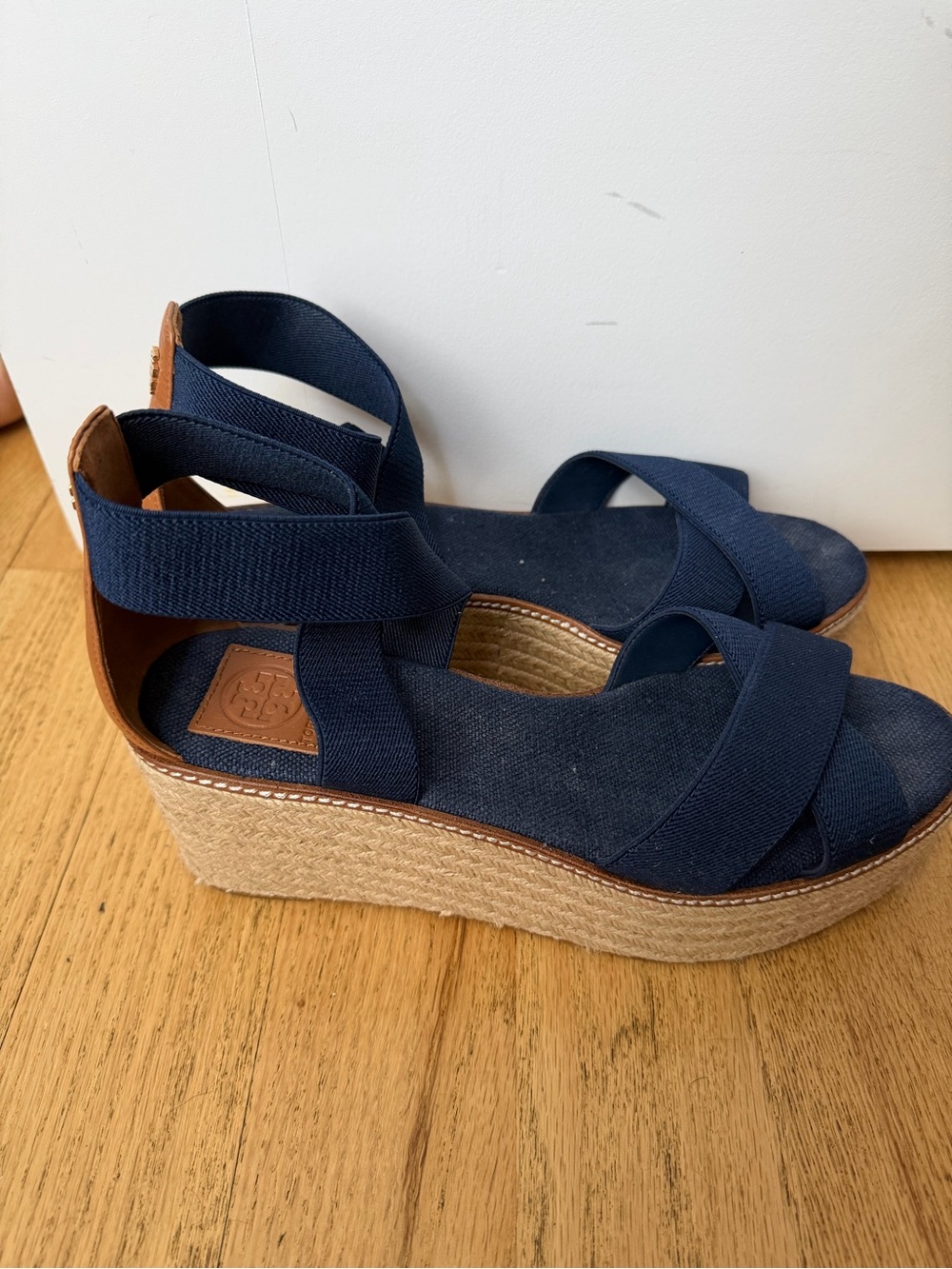 Tory Burch Navy and Tan Espadrille Wedge Sandals with Logo Heel